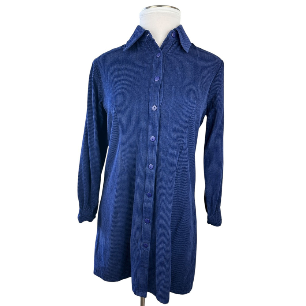 Vintage April Cornell Cotton Corduroy Button Front Shirt Dress Blue Size Medium - Picture 12 of 13